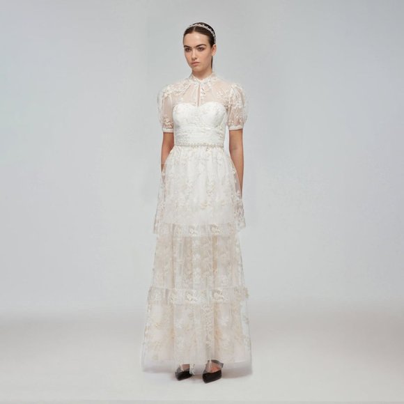 Self-Portrait Dresses & Skirts - Ivory Blossom Sequin Tiered Maxi Dress  (Self-Portrait)